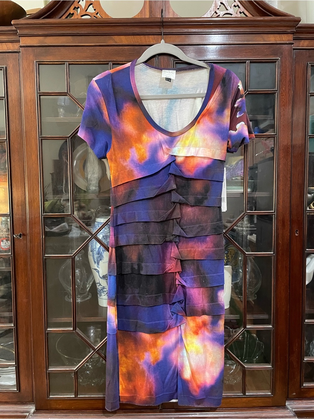 NWT Nicole Miller Purple Orange Black Tie-Dye Midi Dress